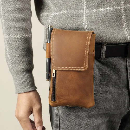Genuine Leather Retro Magnetic Mobile Phone Waist Bag – Multifunctional Cowhide Pouch for Men